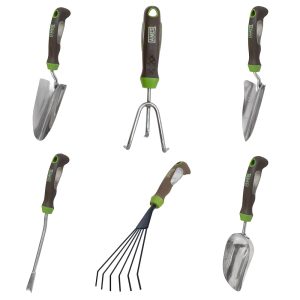 AMES 24451009 6-Piece Ergo Gel Grip Gardening Device Set Together with Hand Trowel, Weeder, Rake, Transplanter, Scoop, and Cultivator