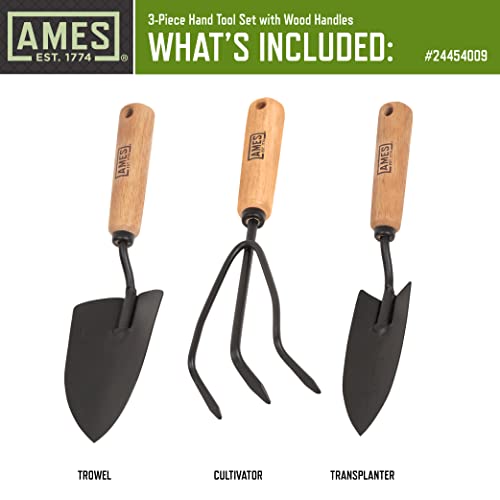 AMES 24454009 3-Piece Backyard Instrument Set with Hand Trowel, Transplanter, and Cultivator that includes Wooden Handles