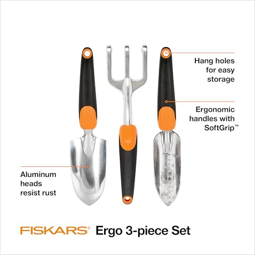 Fiskars 3-Piece Gardening Software Set: Rust-Resistant Trowel, Transplanter, and Cultivator for Outside Planting - Ergonomic Backyard Instruments Package Good for Gardening Presents