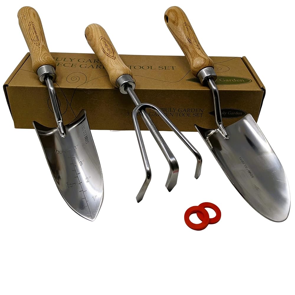 Timeless 3-Piece Backyard Software Set – Sturdy Stainless Metal with Picket Handles. Contains Trowel, Rake, and Transplanter for Easy Digging, Weeding, and Planting – from Actually…